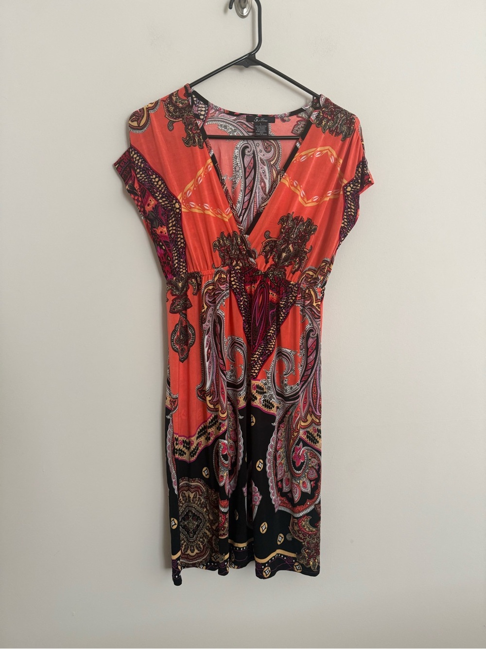 5th & Love Boho Paisley Faux Wrap Midi Dress Coral Pink Black Women’s Large - Picture 2 of 8